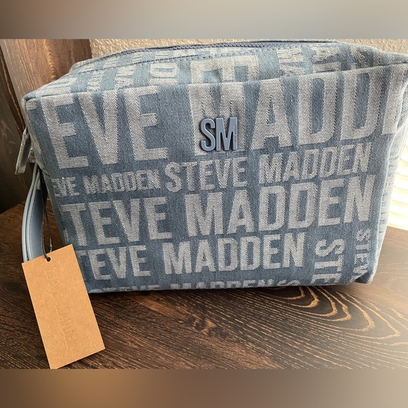 Steve Madden Handbags - Steve Madden Double Zipper Cosmetic Storage Bag Logo Travel Makeup Large Denim